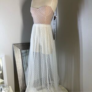 White Fox Boutique Strapless maxi sheer Dress in Pink and White